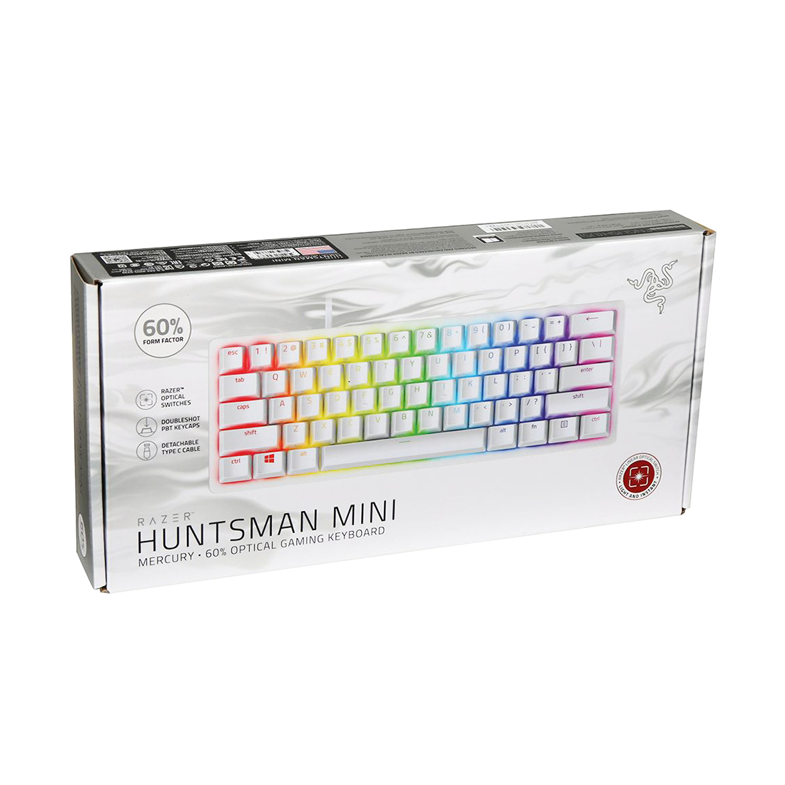 Клавиатура, Razer, Huntsman Mini (Red Switch), RZ03-03392200-R3R1, Игровая, Оптические переключатели Razer, Программируемые клавиши, Съемный кабель USB TYPE-C, Подсветка Chroma c 16.8 млн. цветовых оттенков, Длина кабеля 2 метра, белый
