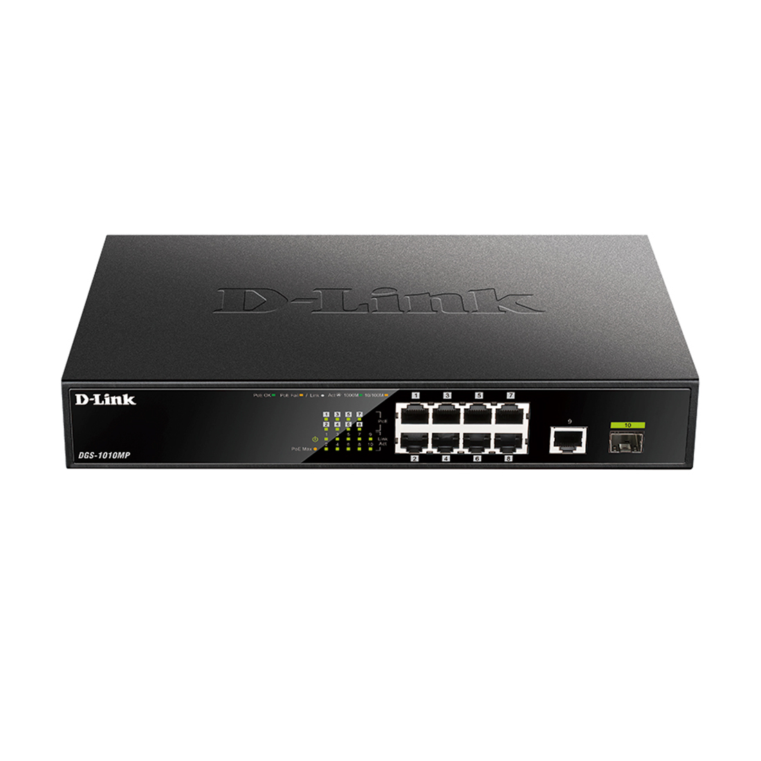 Коммутатор , D-Link, DGS-1010MP/A1A, Неуправляемый, 8 портов PoE 802.3af/at 10/100/1000Base-T, 1 порт 1000Base-X SFP,1 порт 10/100/1000Base-T, PoEбюджет 125 Вт, стоечный/настольный