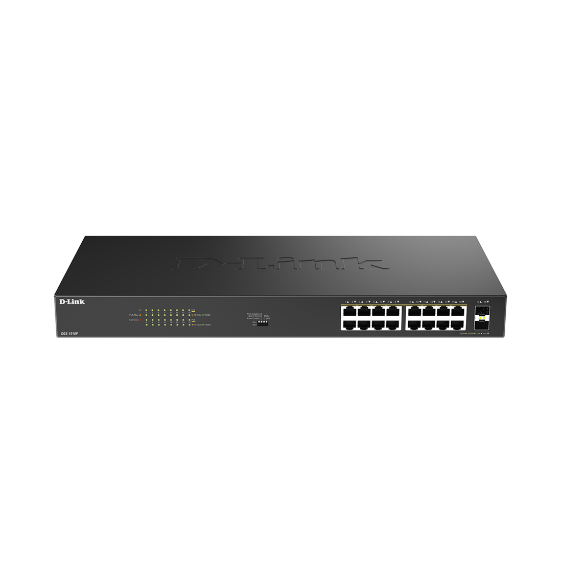 Коммутатор , D-Link, DGS-1018P/B1A, Управляемый, 16 портов PoE 802.3af/at 10/100/1000Base-T, 2 порта 1000Base-X SFP, DIP-переключатели, PoEбюджет 240 Вт