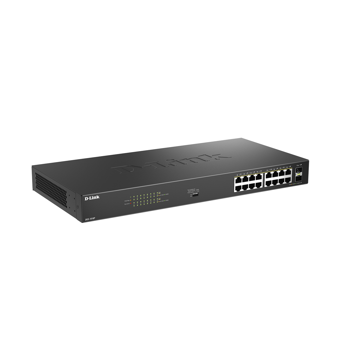Коммутатор , D-Link, DGS-1018P/B1A, Управляемый, 16 портов PoE 802.3af/at 10/100/1000Base-T, 2 порта 1000Base-X SFP, DIP-переключатели, PoEбюджет 240 Вт