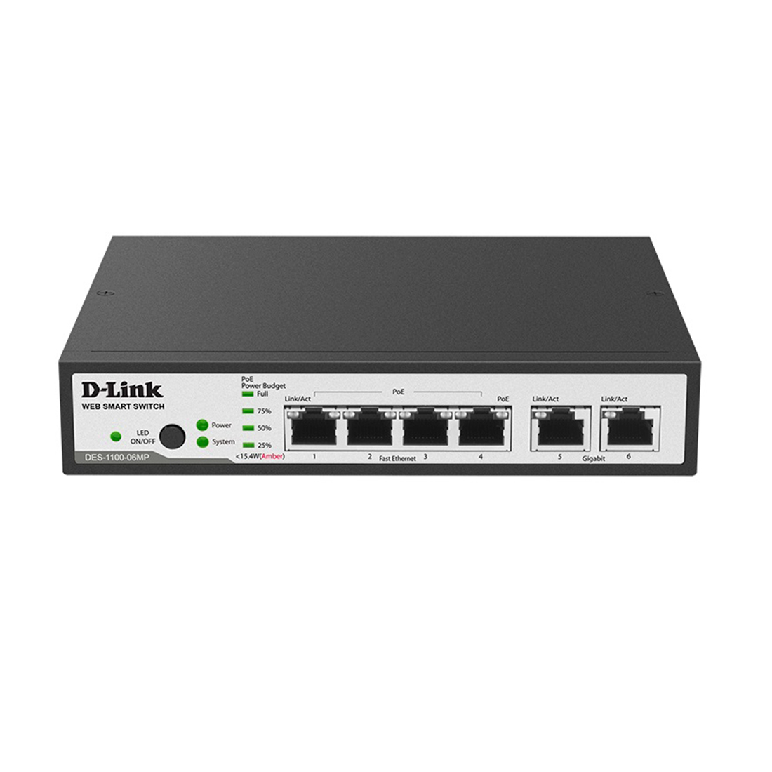 Коммутатор, D-Link, DES-1100-06MP/A1A, Управляемый, 4 порта 10/100Base-TX с поддержкой PoE, 2 порта 10/100/1000Base-T, бюджет PoE 80 Вт, Корпус металл, 1U