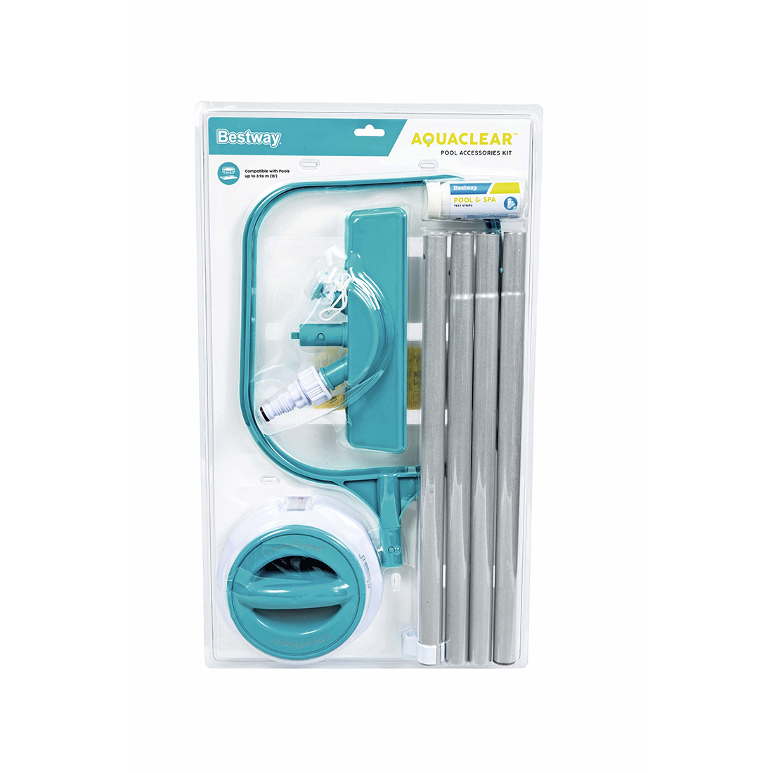 Набор для чистки бассейна AquaClear, BESTWAY, 58794, Пластик/Алюминий, Насадка-пылесос, Дозатор, Насадка-сачок, Телескопическая ручка 161 см., 50 тест-полосок, Ремкомплект, Зелёный, Блистер