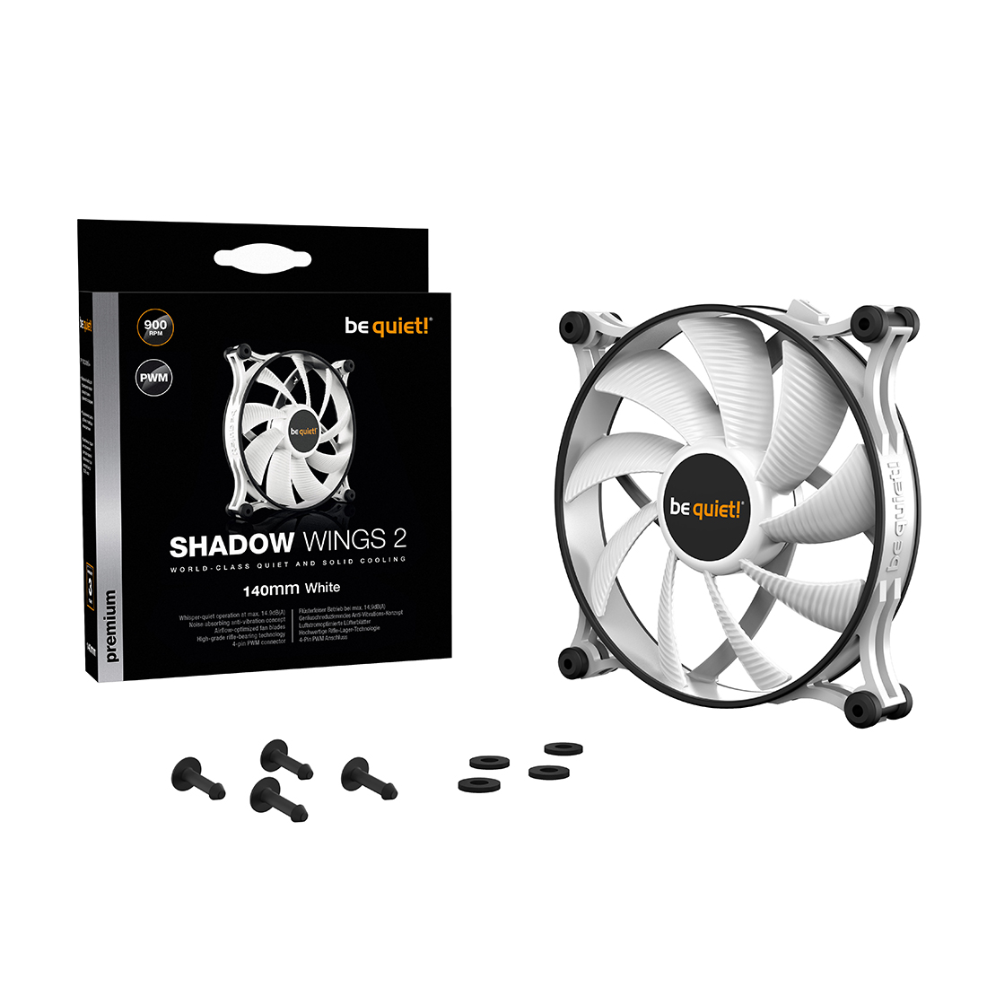 Вентилятор для компьютерного корпуса, Bequiet!, Shadow Wings 2, BL091, 140мм PWM, 900 об.мин, 85 CFM, 14.9 dB(A), 4-pin PWM, 140 x 140 x 25мм, Белый
