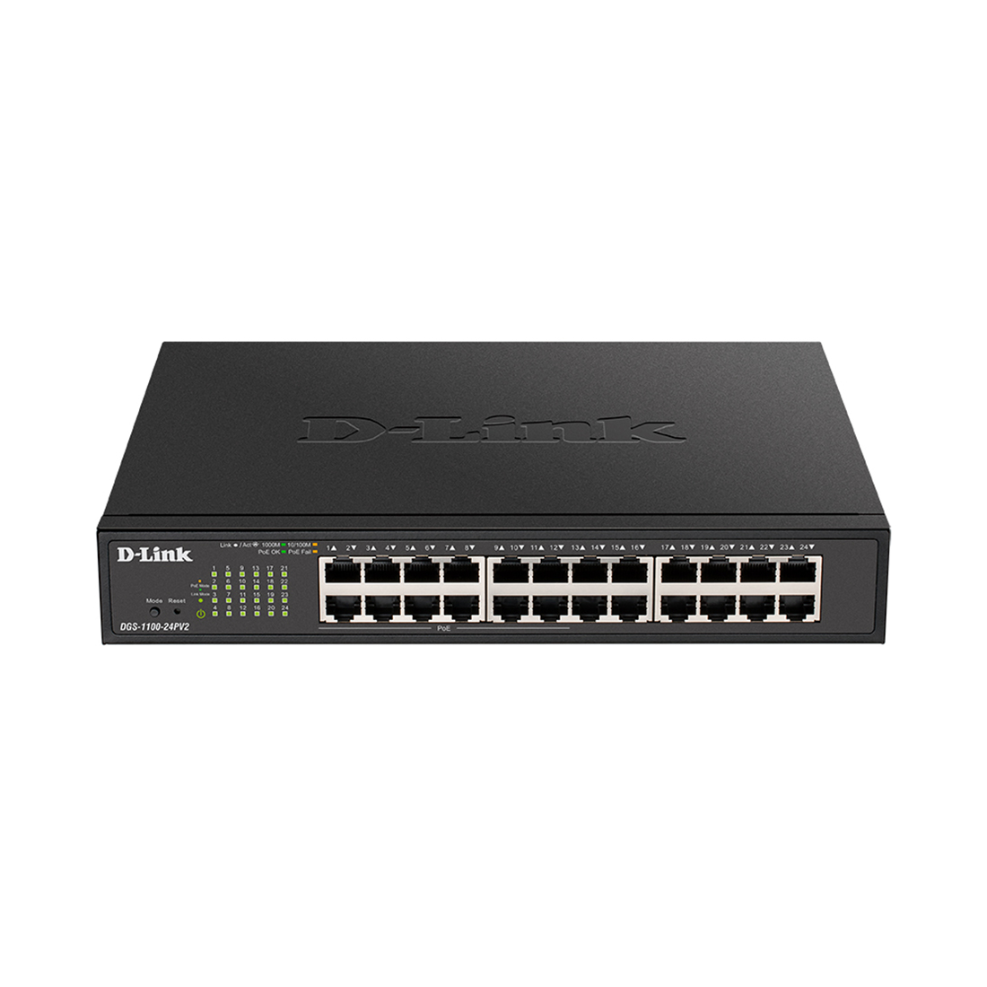 Коммутатор, D-Link, DGS-1100-24PV2/A3A, Настраиваемый L2, 24 порта 10/100/1000Base-T (12 портов РоЕ 802.3af/at, PoE-бюджет 100 Вт), Стоечный