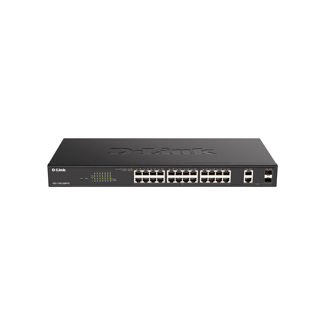 Коммутатор, D-Link, DGS-1100-26MPV2/A3A, Настраиваемый L2, 24 порта 10/100/1000Base-T, 2 комбо-порта 100/1000Base-T/SFP (24 порта PoE 802.3af/at, PoE-бюджет 370 Вт), стоечный