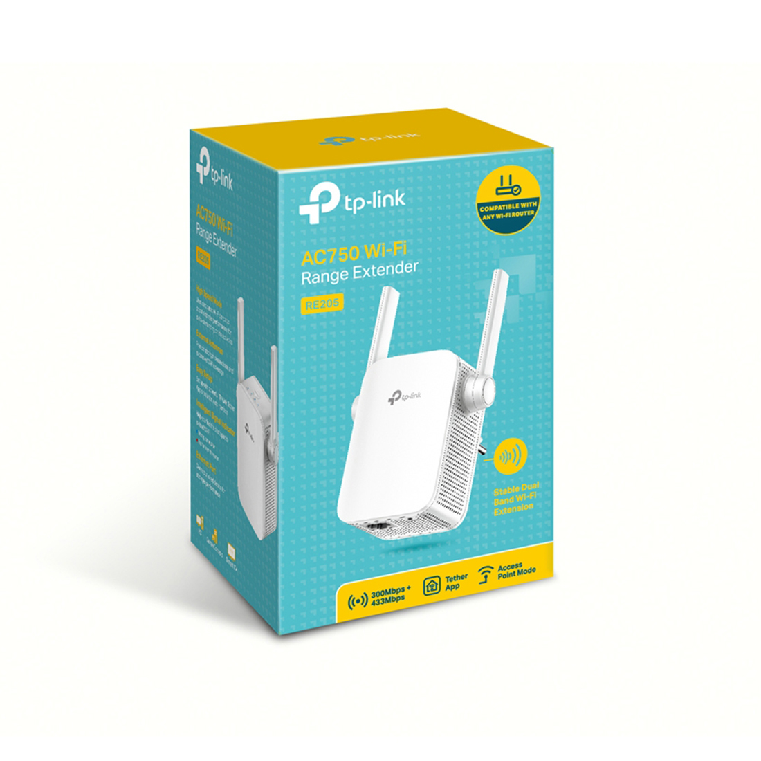 Усилитель Wi-Fi сигнала, TP-Link, RE205, 5 ГГц: до 433 Мбит/с, 2,4 ГГц: до 300 Мбит/с, 1 порт Ethernet 10/100 Мбит/с (RJ45)