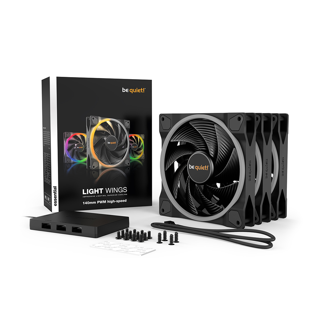 Вентилятор для компьютерного корпуса, Bequiet!, Light Wings, BL079, 3*140мм Light Wings White PWM high-speed, ARGB LED, 2200 об.мин, 71.7/121.82 CFM, 31 dB(A), 4-pin PWM/3-pin ARGB, 140 x 140 x 25мм, Чёрный