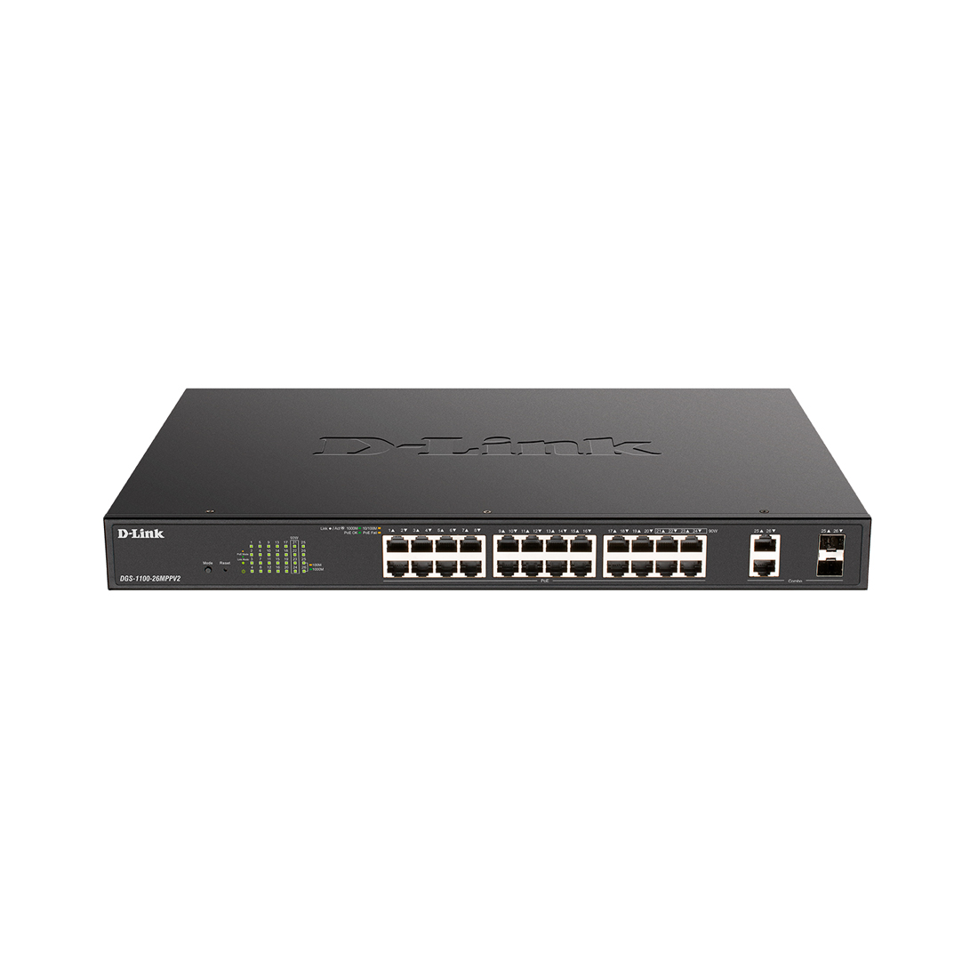 Коммутатор, D-Link, DGS-1100-26MPPV2/A3A, Настраиваемый L2 коммутатор с 24 портами 10/100/1000Base-T и 2 комбо-портами 1000Base-T/SFP (порты 1-24 PoE 802.3af/at, порты 21-24 PoE 802.3bt, PoE-бюджет 525 Вт), стоечный