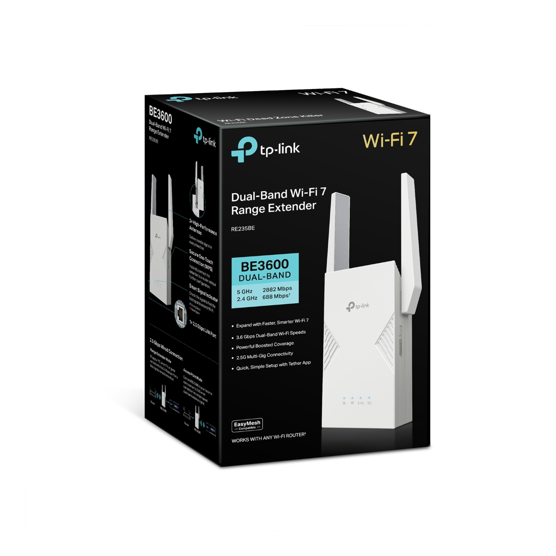 Усилители Wi-Fi сигнала, Tp-Link, RE235BE, 802.11a/b/g/n/ac/ax/be, BE3600 , 2,4 ГГц/5 ГГц, 1  порт 2.5 Гбит/с.