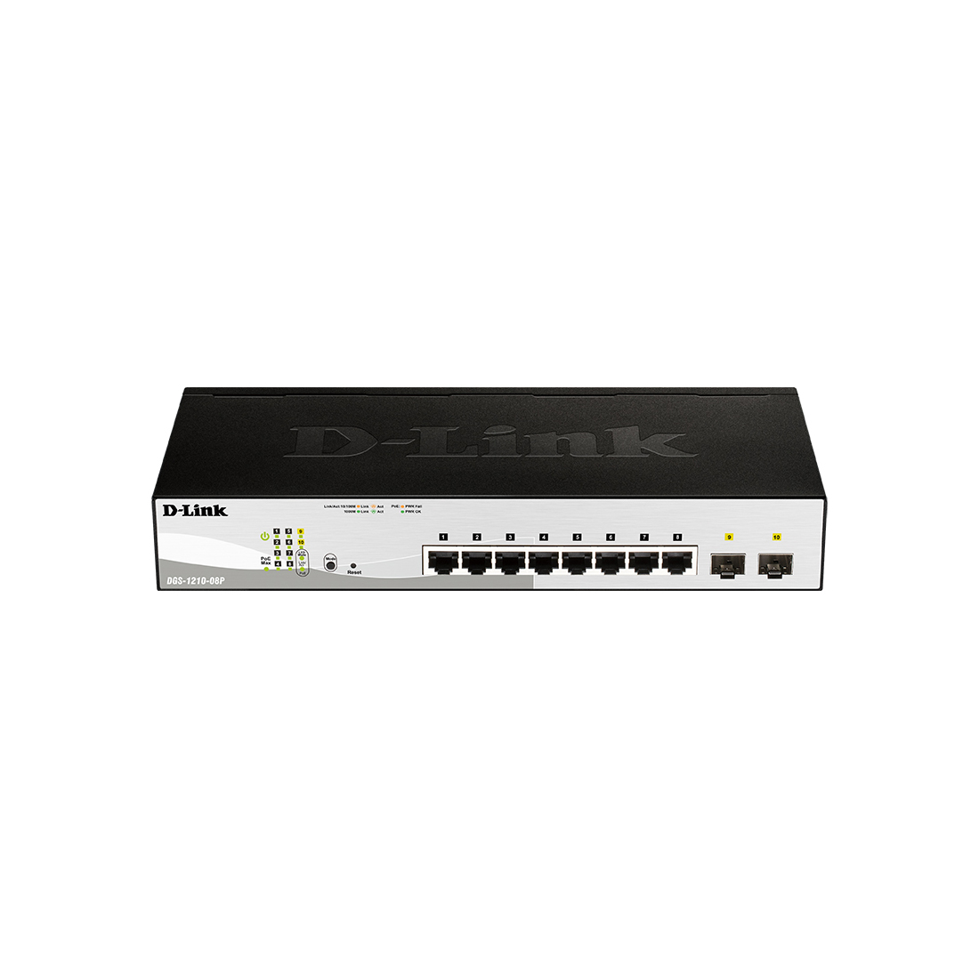 Коммутатор, D-Link, DGS-1210-08P/G3A, Настраеваемый L2, 8 портов 10/100/1000Base-T и 2 порта 1000Base-X SFP, 8 портов PoE 802.3af/at, PoE-бюджет 65 Вт, 1U