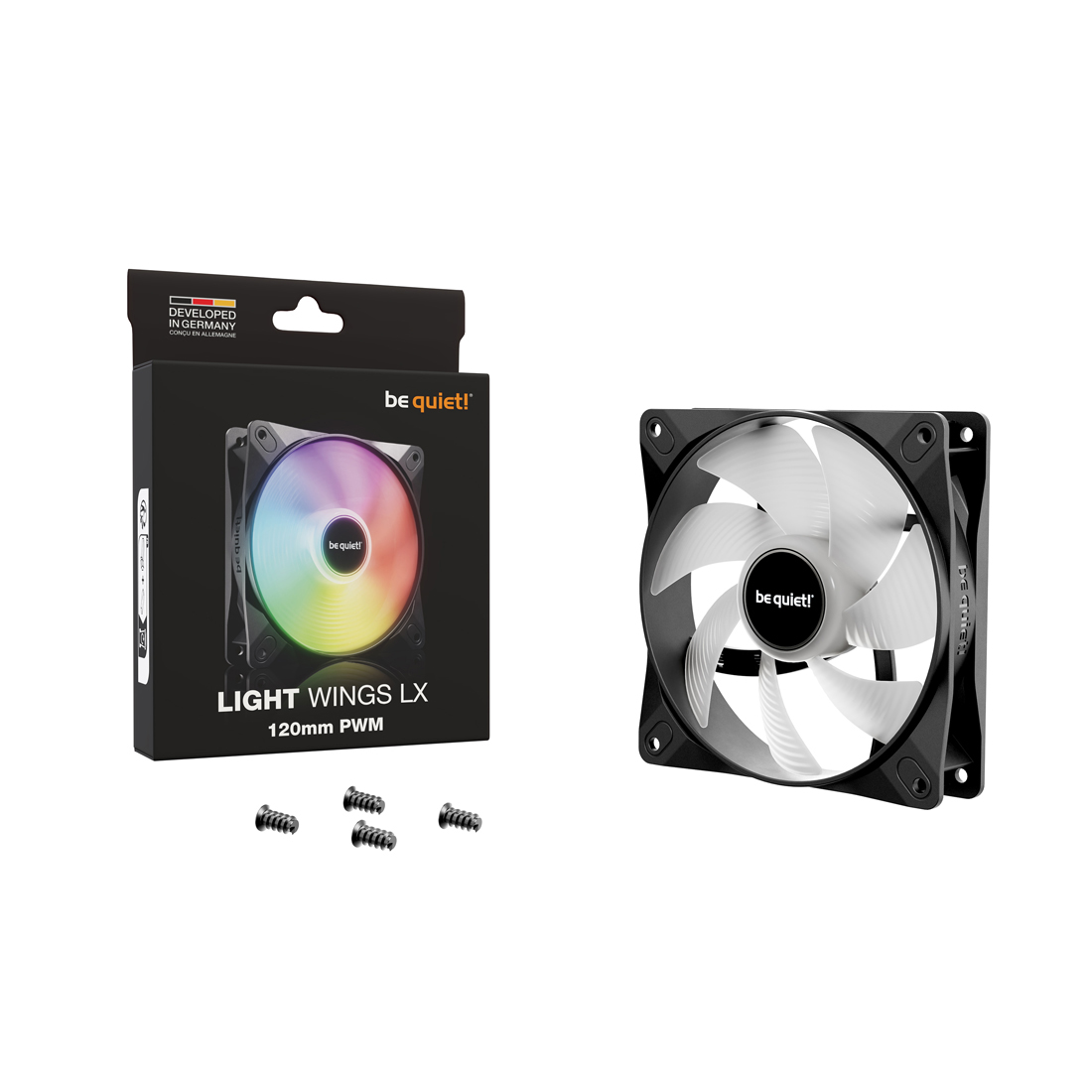 Вентилятор для компьютерного корпуса, Bequiet!, LIGHT WINGS LX 120mm PWM Reverse Black, BL132, 120м, 1500 об/мин, 48, 28,5, 4-pin PWM / 5V 3-pin ARGB, 164 x 27 x 122 мм, Black