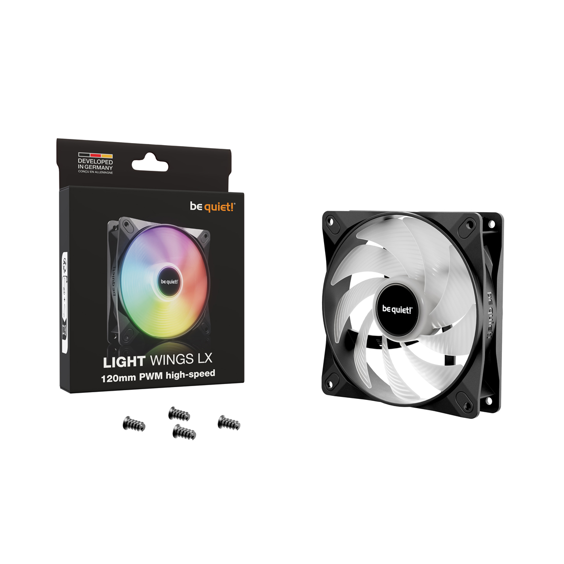 Вентилятор для компьютерного корпуса, Bequiet!, Light Wings LX 120mm PWM high-speed, BL123, 120мм PWM high-speed, 2100 об/мин, 61.5/105.1 CFM, 30.5 dB(A), 4-pin PWM/3-pin ARGB, 120*120*25мм, Черный