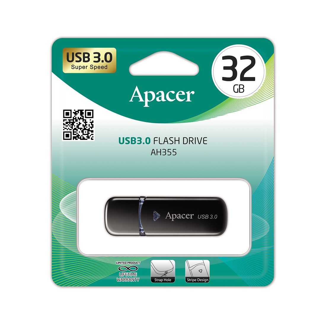 USB-накопитель, Apacer, AH355, AP32GAH355B-1, 32GB, USB 3.1, Чёрный