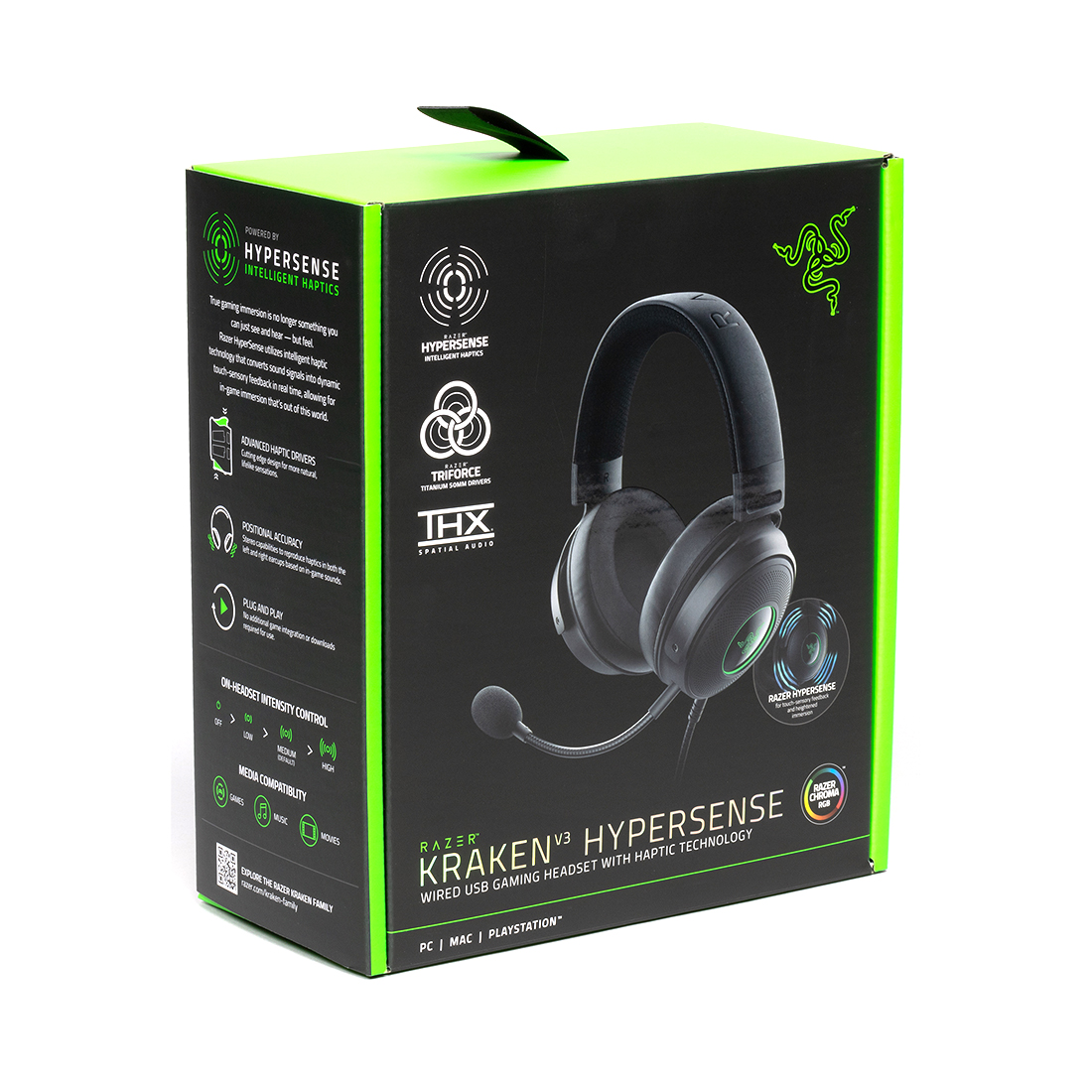 Гарнитура, Razer, Kraken V3 HyperSense, RZ04-03770100-R3M1, Игровая гарнитура, Микрофон поворотный гибкий, Динамики 50 мм, Диапазон частот: 20Гц– 20кГц , Чувствительность при 1 кГц: 96 дБ SPL/мВт, Чёрный