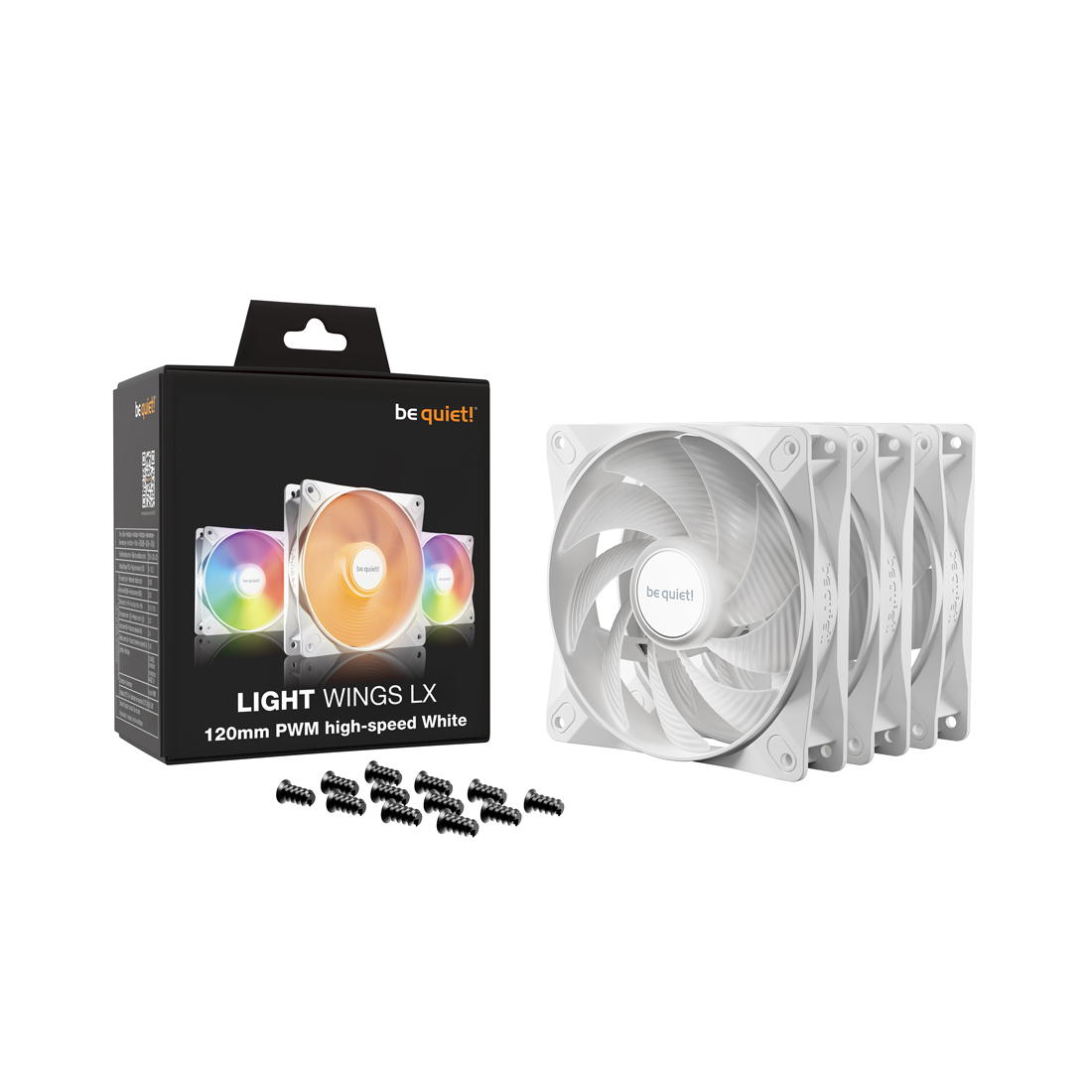 Вентилятор для компьютерного корпуса, Bequiet!, Light Wings LX 120mm PWM high-speed Triple pack White, BL125, 120мм PWM High-Speed 3-Pack, 2100 об/мин, 61.5 / 105.1 CFM, 30.5 dB(A), 4-pin PWM/3-pin ARGB, 120*120*25мм, Белый