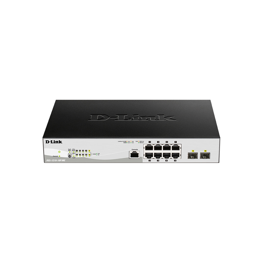 Коммутатор, D-Link, DGS-1210-10P/ME/B1A, настраиваемый L2, 8 портов 10/100/1000Base-T и 2 порта 1000Base-X SFP (8 портов PoE 802.3af/at, PoE-бюджет 65 Вт), стоечный