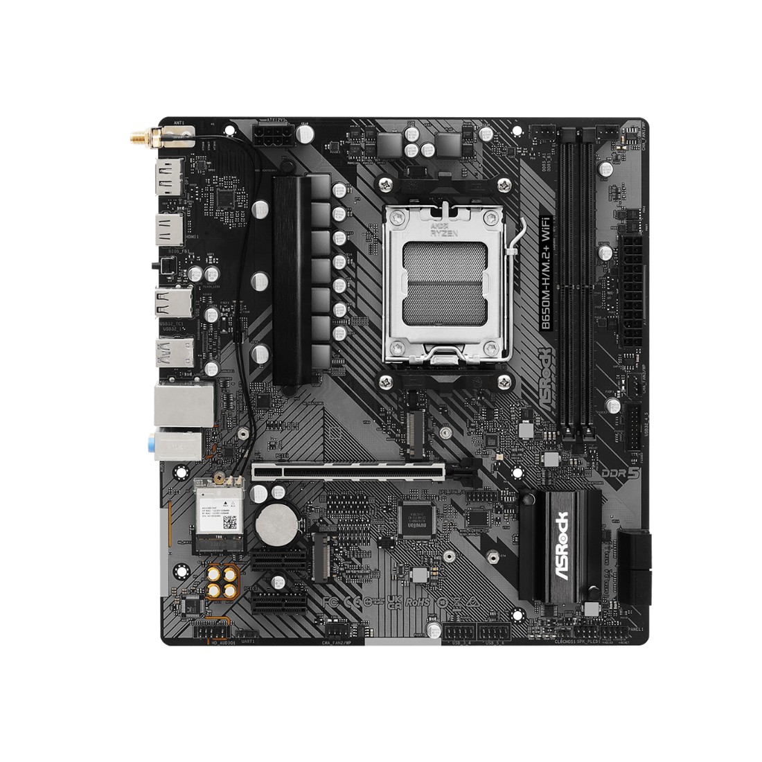Материнская плата, ASRock, B650M-H/M.2+ WIFI (4710483949913), AM5, B650, 2xDDR5 6400+(OC), 4xSATA3, 2xM.2 (PCI-E 4.0x4), 1xHDMI, 1xDP, 1xPCI-Ex16, 2xPCI-Ex1, WiFi, mATX