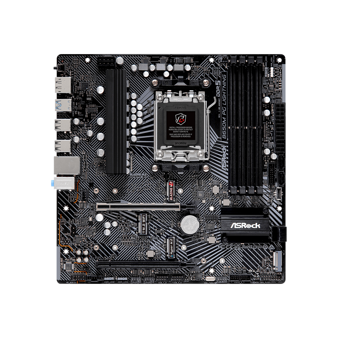 Материнская плата, ASRock, B650M PG LIGHTNING (4710483943829), AM5, B650, 4xDDR5 7200+(OC), 4xSATA3, 3xM.2 (1*PCIe Gen5x4, 1*PCIe Gen4x4, 1*PCIe Gen4x2), Raid, 1xHDMI, 1хDP, 2xPCI-Ex16, mATX