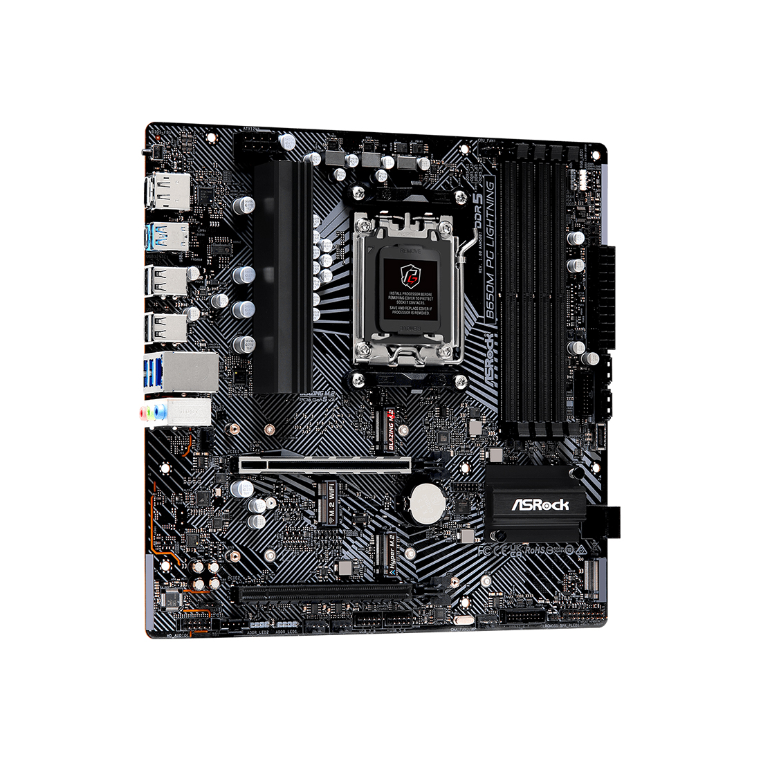 Материнская плата, ASRock, B650M PG LIGHTNING (4710483943829), AM5, B650, 4xDDR5 7200+(OC), 4xSATA3, 3xM.2 (1*PCIe Gen5x4, 1*PCIe Gen4x4, 1*PCIe Gen4x2), Raid, 1xHDMI, 1хDP, 2xPCI-Ex16, mATX