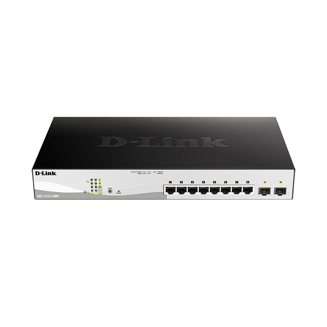 Коммутатор, D-Link, DGS-1210-10MP/F3A, L2 коммутатор с 8 портами 10/100/1000Base-T и 2 портами 1000Base-X SFP (8 портов PoE 802.3af/at, PoE-бюджет 130 Вт), стоечный
