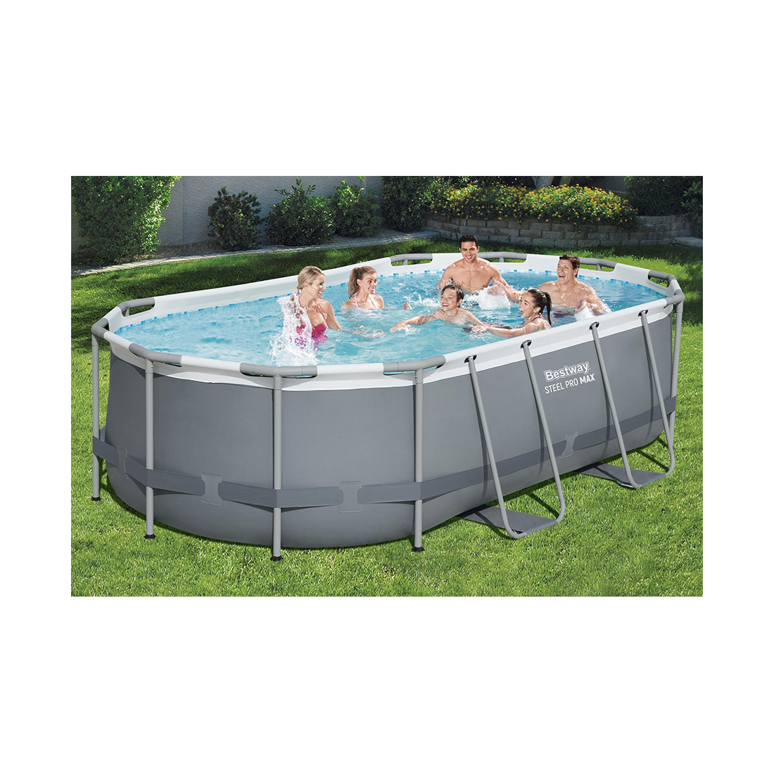 Каркасный бассейн Steel Pro MAX Oval 427 х 250 х 100 см, BESTWAY, 56620, Винил, 7250 л., Стальной каркас, Ф-насос 58383 (2006л/ч), Лестница 58335, Серый, Цветная коробка