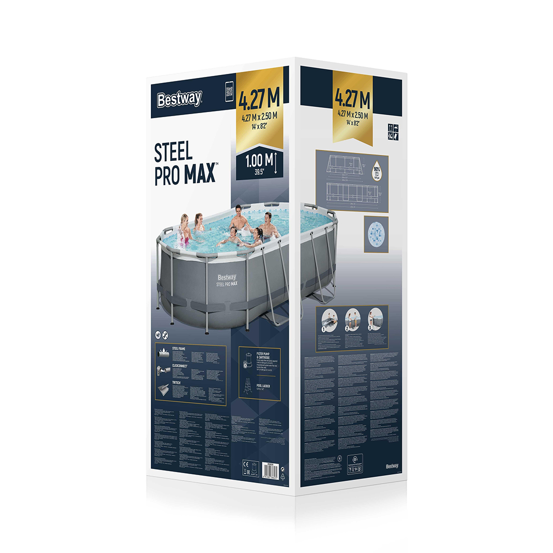 Каркасный бассейн Steel Pro MAX Oval 427 х 250 х 100 см, BESTWAY, 56620, Винил, 7250 л., Стальной каркас, Ф-насос 58383 (2006л/ч), Лестница 58335, Серый, Цветная коробка