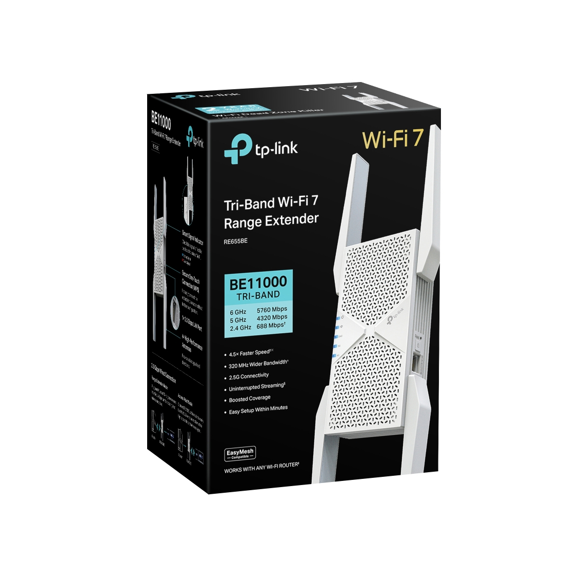 Усилители Wi-Fi сигнала, Tp-Link, RE655BE, 802.11a/b/g/n/ac/ax/be, BE11000 , 2,4 ГГц/5 ГГц/6 ГГц, 1  порт 2.5 Гбит/с.