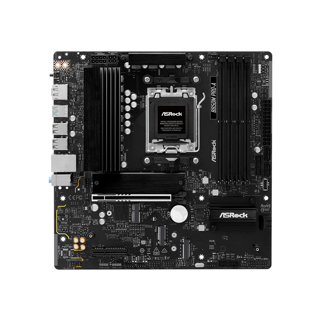 Материнская плата, ASRock, B850M PRO-A (4711581490390), AM5, B850, 4xDDR5 8000+(OC), 4xSATA3, 3xM.2 (1*PCI-E 5.0x4, 2*PCI-E 4.0x4), Raid, 1xDP, 1xHDMI, 1xPCI-Ex16, 1xPCI-Ex4, mATX