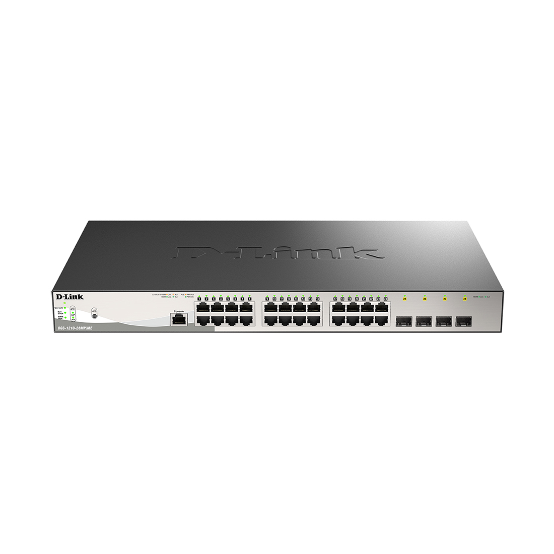 Коммутатор, D-Link, DGS-1210-28MP/ME/B2A, Управляемый L2, 24 порта 10/100/1000Base-T, 4 порта 1000Base-X SFP (24 порта PoE 802.3af/at, PoE-бюджет 370 Вт), стоечный