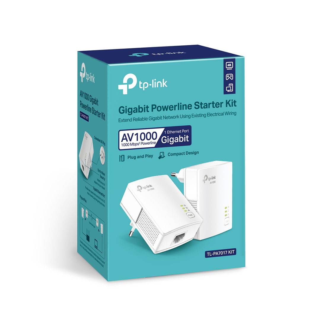 Комплект Powerline адаптеров, TP-Link, TL-PA7017 KIT, Гигабитный порт Ethernet, HomePlug AV/AV2, передача данных со скоростью до 1000 Мбит/с