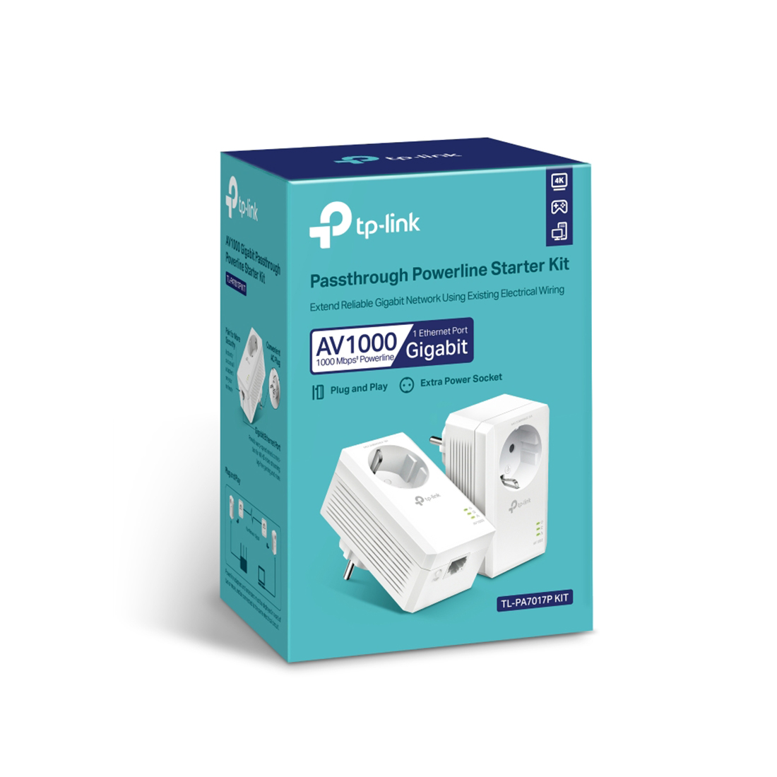 Комплект Powerline адаптеров, TP-Link, TL-PA7017P KIT, Гигабитный порт Ethernet, HomePlug AV/AV2