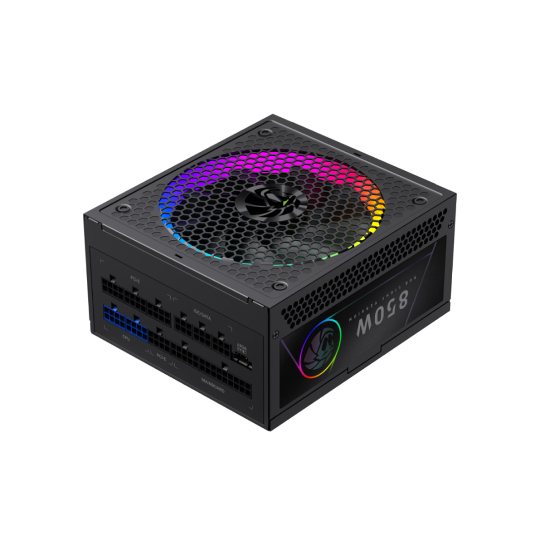 Блок питания, Gamemax, RGB 850G, 2141-0850B0017, 850W, Gold, APFC, 20+4 pin, 2*4+4pin, 8*Sata, 3*Molex, 3*PCI-E 6+2 pin, Modular, Вентилятор 14см, 165*150*86 см, Черный
