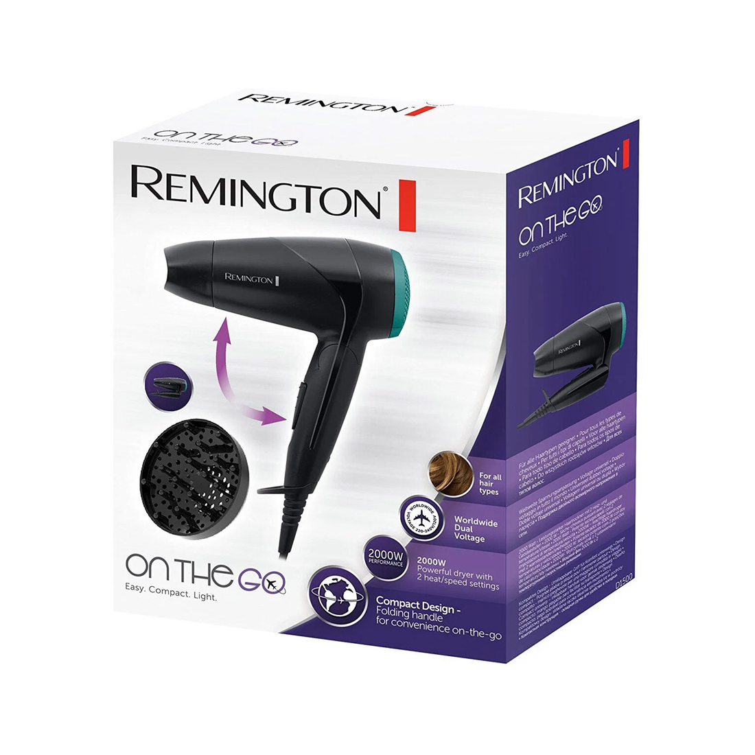 Фен, Remington, D1500, Мощность 2000Вт, Тип двигателя DC мотор, 2 скорости, 2 температурных режима, 2 насадки, Длина шнура электропитания 1.8м, Складная ручка, Петля для подвешивания, Черный/Зеленый