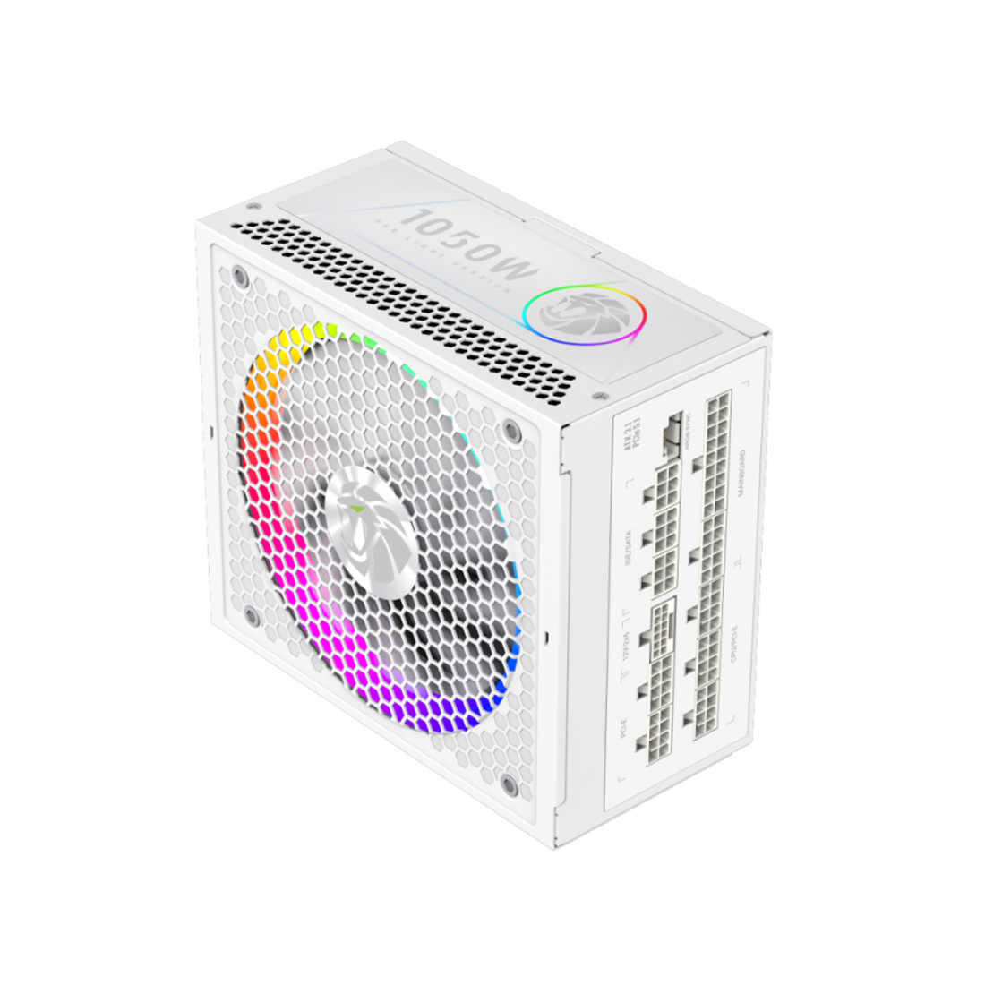 Блок питания, Gamemax, RGB PRO 1050G WH, 2109-1050B0047, 1050W, Gold, ATX3.1, APFC, 20+4 pin, 2*4+4pin, 10*Sata, 3*Molex, 4*PCI-E 6+2 pin, 1*PCI-E 12+4pin, Modular, Вентилятор 14см, 165*150*86 см, Белый