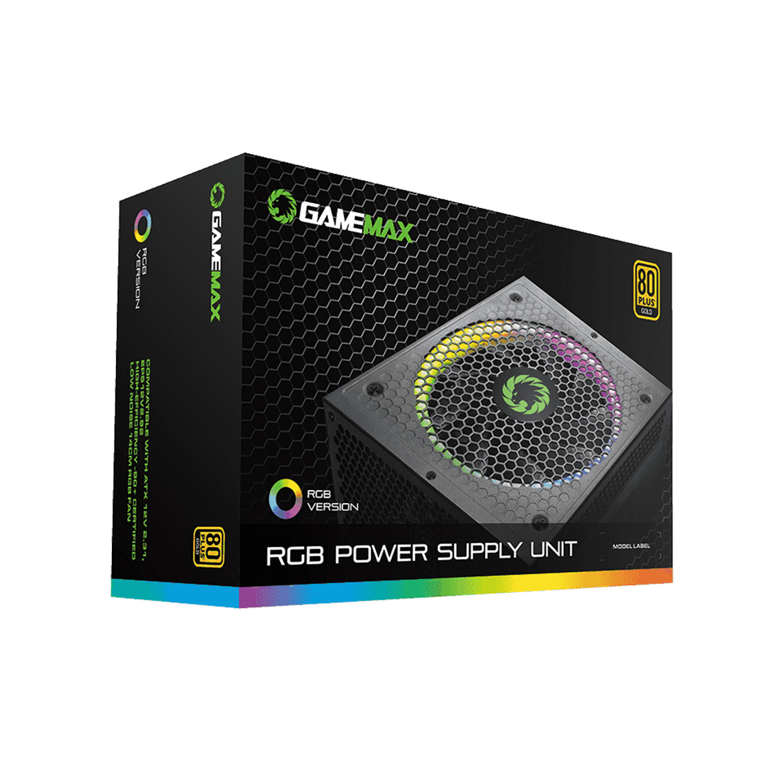 Блок питания, Gamemax, RGB750 PRO Gold, 213610500002, 750W, ATX, Gold, APFC, 20+4 pin, 2*4+4pin, 8*Sata, 3*Molex, 1*FDD, 3*PCI-E 6+2 pin, Modular, Вентилятор 14 см, Подсветка RGB, Чёрный