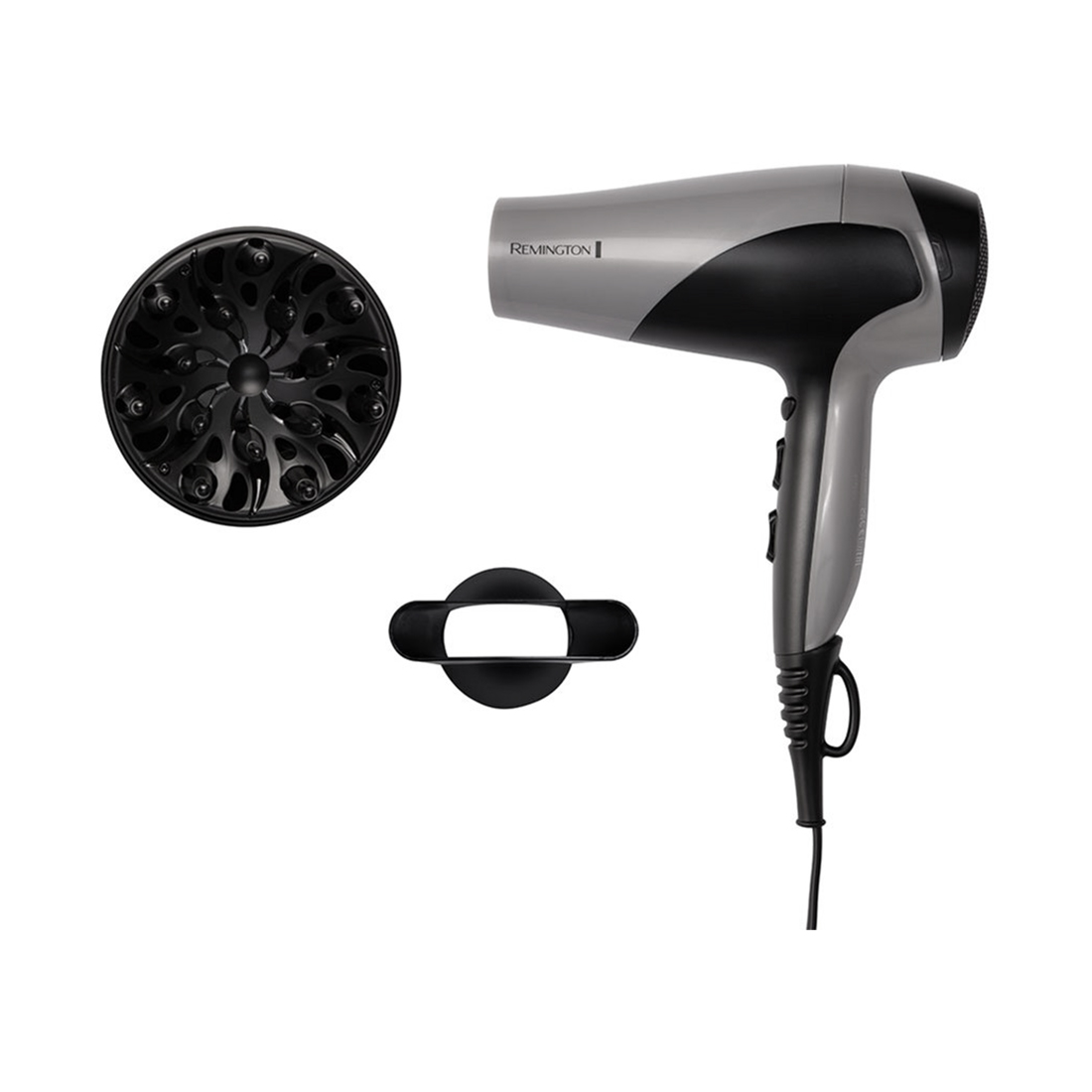 Фен, Remington, D3190S,DC мотор, 2 скорости, 3 температурных режима, Турмалиновая ионизация, Петля для подвешивания, 2 насадки в комплекте, Защита от перегрева, Длина шнура электропитания 1.8м, Мощность 2200 Вт, Черный/серый