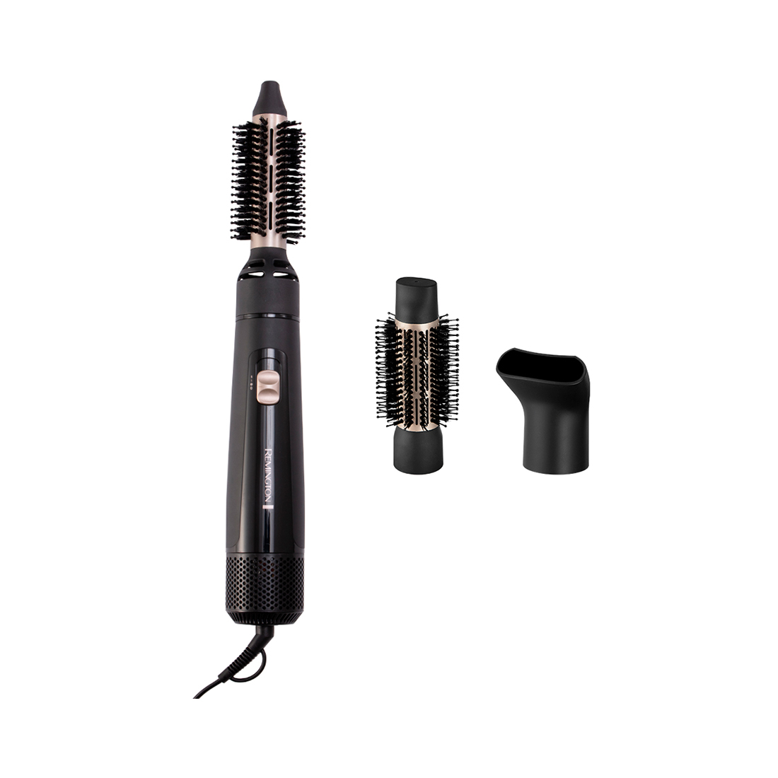 Фен-щетка, Remington, AS7300, Диаметр щёток 25-38 мм, 2 температурных режима, 2 скорости, Керамическое покрытие, Ионизация, Термоизолированный наконечник, Петля для подвешивания, Длинна шнура 1.8м, Мощность 800 Вт, Черный/золотой