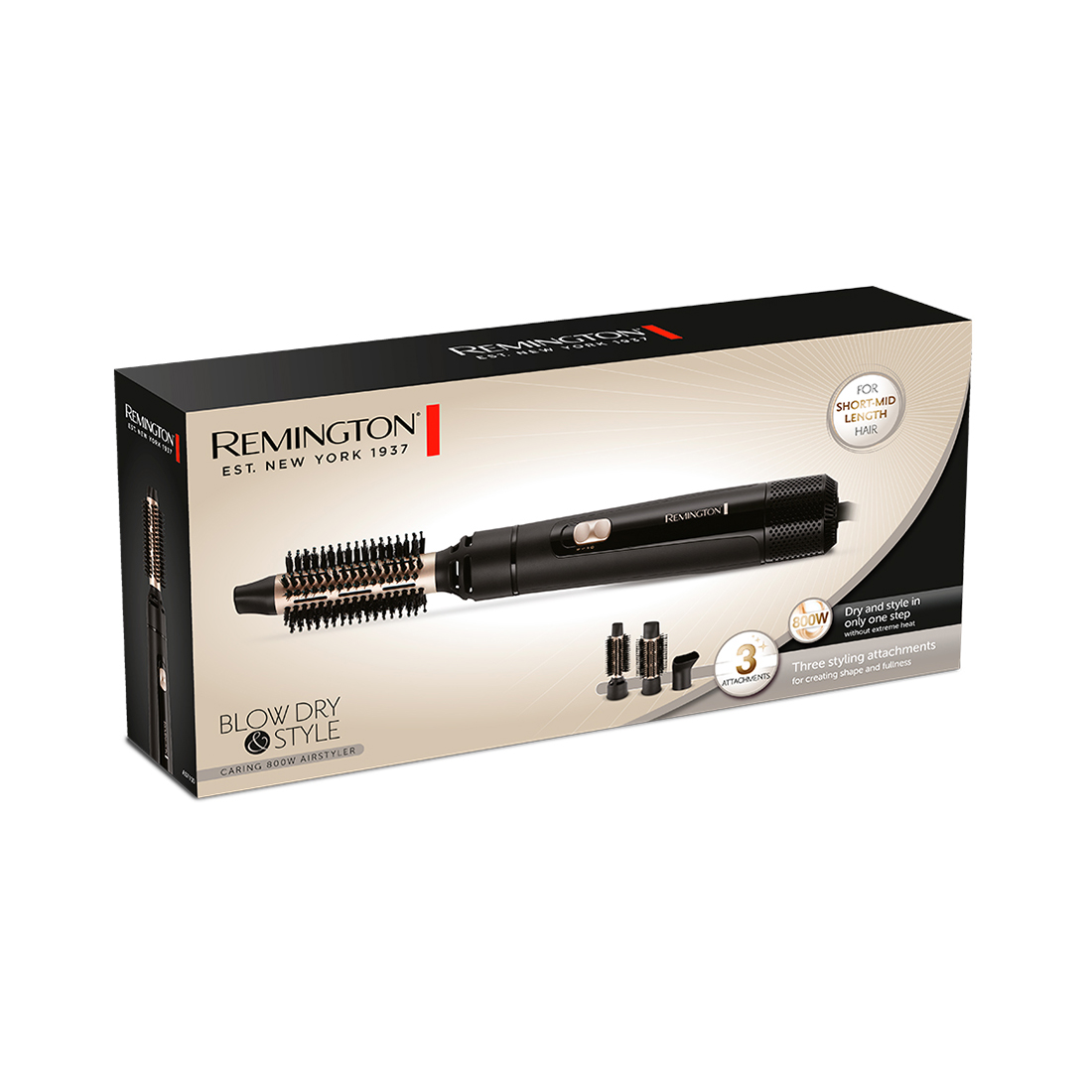 Фен-щетка, Remington, AS7300, Диаметр щёток 25-38 мм, 2 температурных режима, 2 скорости, Керамическое покрытие, Ионизация, Термоизолированный наконечник, Петля для подвешивания, Длинна шнура 1.8м, Мощность 800 Вт, Черный/золотой