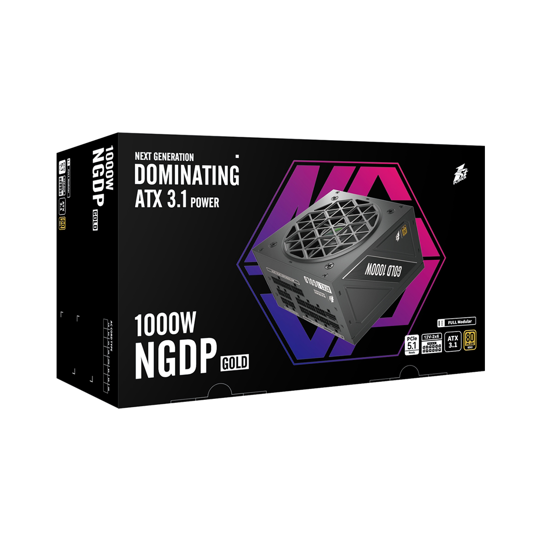 Блок питания, 1STPLAYER, NGDP HA-1000BA4, 1000W, ATX 3.1, APFC, GOLD, 20+4pin, 2*4+4pin, 2*Sata, 3*PCI-E 6+2pin, 2*(16pin)12VHPWR, Modular, Вентилятор 12см, 140x150x86 мм, Чёрный