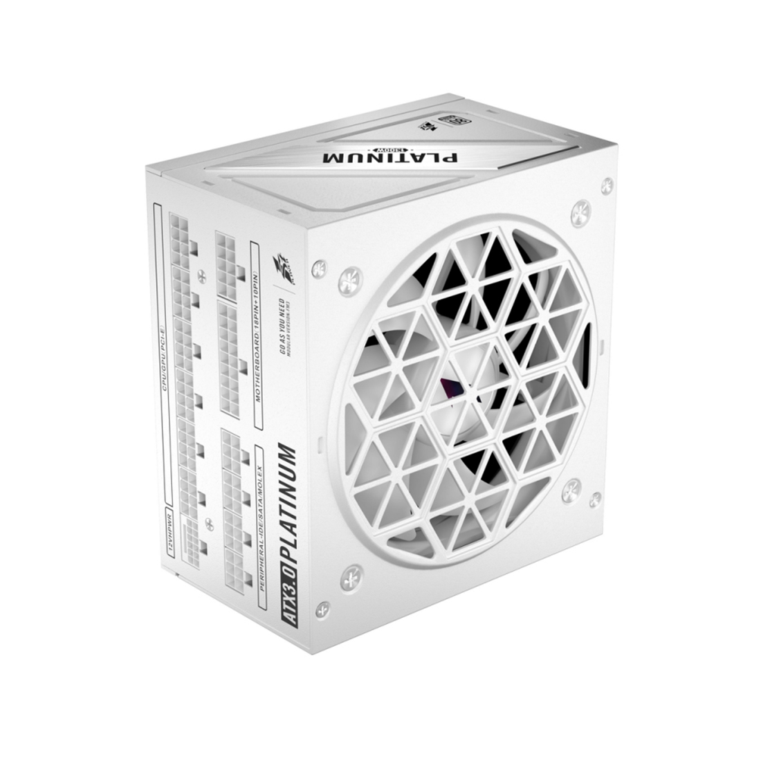 Блок питания, 1STPLAYER, NGDP HA-1300BA3-WH, 1300W, ATX 3.0, APFC, PLATINUM, 20+4pin, 2*4+4pin, 12*Sata, 4*Molex, 4*PCI-E 6+2pin, 1*(16pin)12VHPWR, Modular, Вентилятор 12см, 140х150х86 мм, Белый