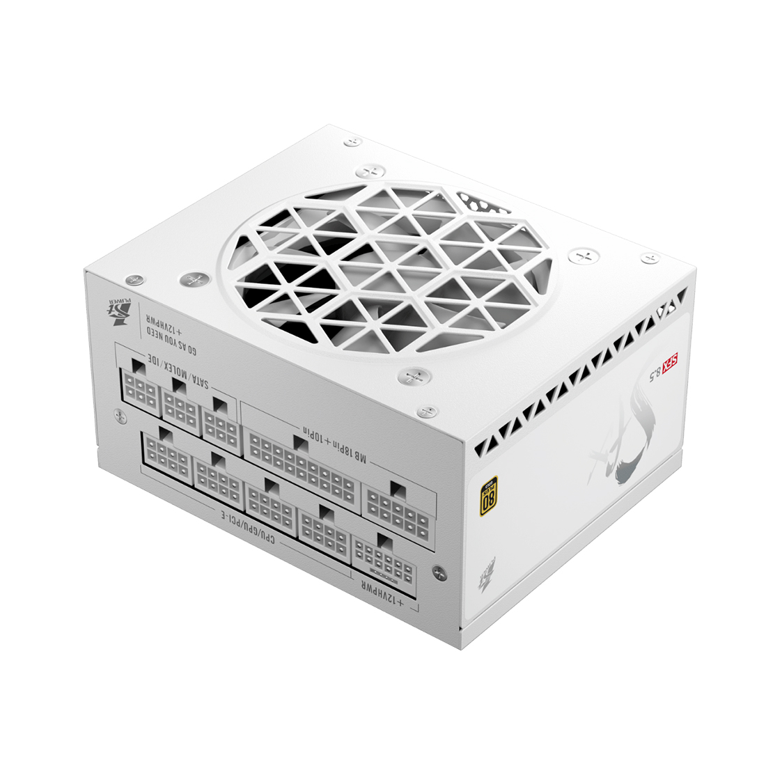 Блок питания, 1STPLAYER, SFX, SFX-PLT-850-WH-EU, 850W, SFX, APFC, GOLD, 20+4pin, 4+4pin, 8*Sata, 4*Molex, 2*PCI-E 6+2pin, 1*(16pin)12VHPWR, Modular, Вентилятор 8см, 100х125х63.5мм, Белый
