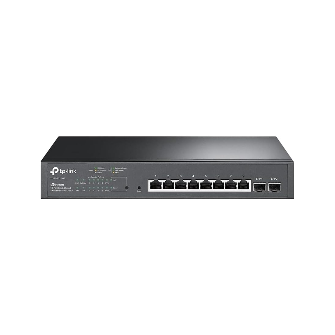 Коммутатор, TP-Link, SG2210MP, 8 портов 10/100/1000 Мбит/с (RJ45) с поддержкой PoE+ , 2 гигабитных слота SFP (150 Вт), Управляемый