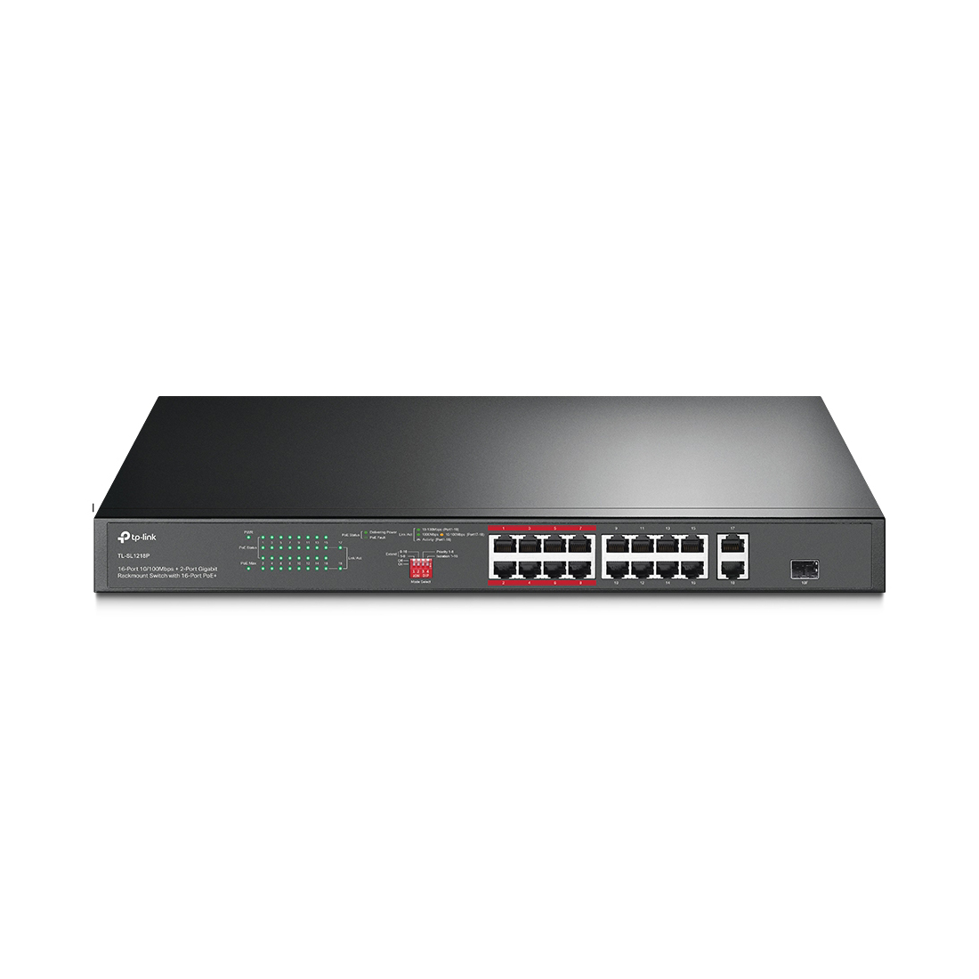 Коммутатор, TP-Link, TL-SL1218P, 16 портов RJ45 10/100 Мбит/с PoE+, 2 гигабитных порта RJ45 и 1 гигабитный комбо SFP-слот, РоЕ (150Вт), Неуправляемый