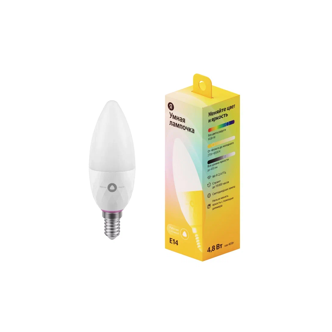 Ақылды шам Яндекс YNDX-00017 E14 4,8 Вт 430 лм 2700-6500К RGB+W Wi-Fi (2,4 ГГц)