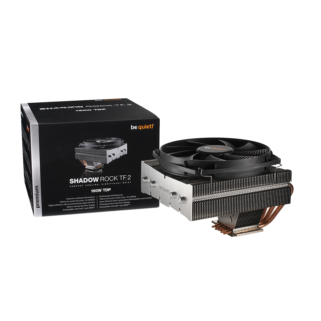 Кулер для процессора,Bequiet!, Shadow Rock TF2, BK003, Intel: 775/115x/1200/1366/2011(-3) Square ILM/2066, AMD: AM2(+)/AM3(+)/AM4/FM1/FM2(+), TDP 160W, 135мм, 1400 об.мин, 86.3/146.6 CFM, 24.4 dB(A), 4-pin PWM, 137x165x112мм, Серебристый