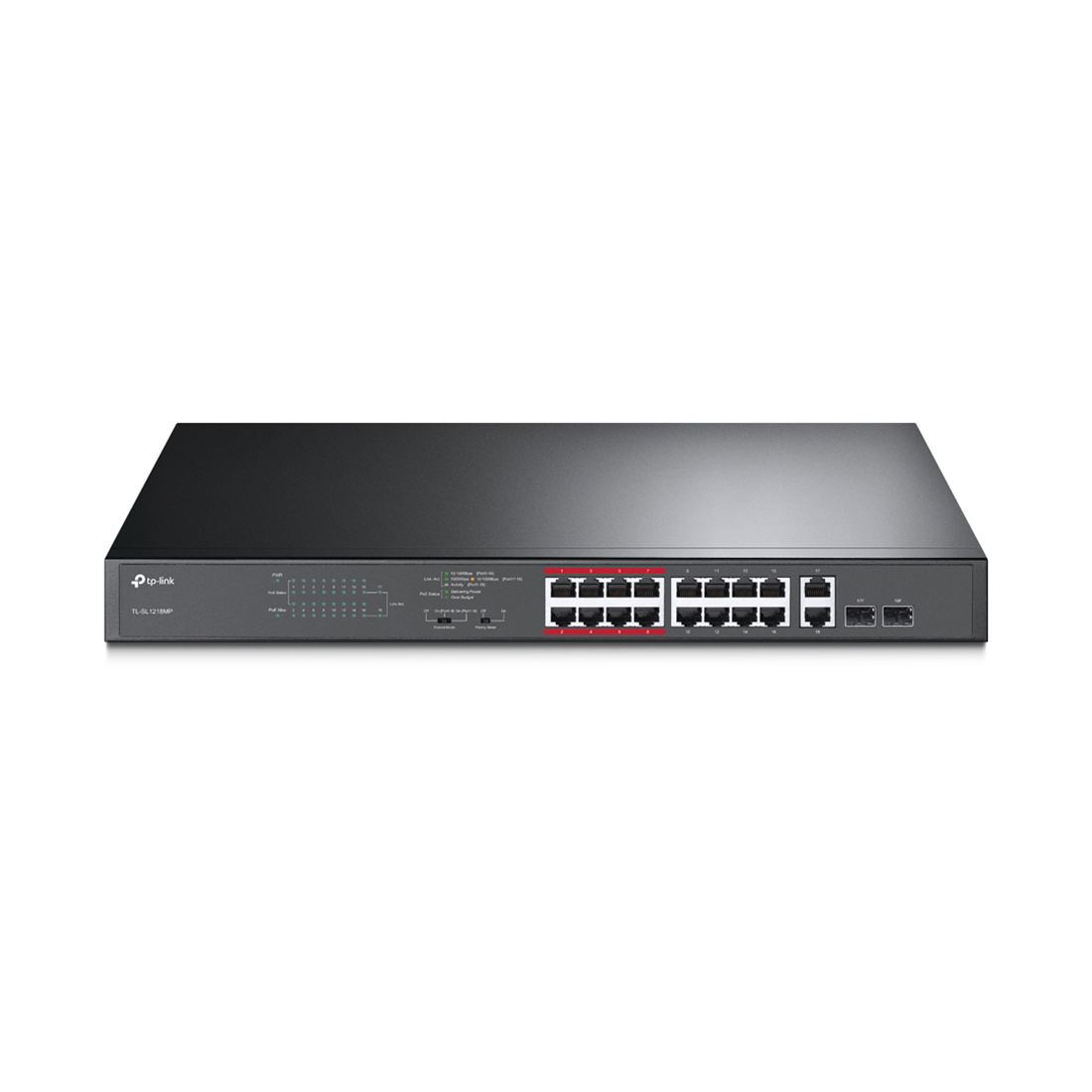 Коммутатор, TP-Link, TL-SL1218MP, Неуправляемый коммутатор PoE+ на 16 портов 10/100 Мбит/с и 2*RJ45 и 2*SFPслота Combo, РоЕ 250 Вт