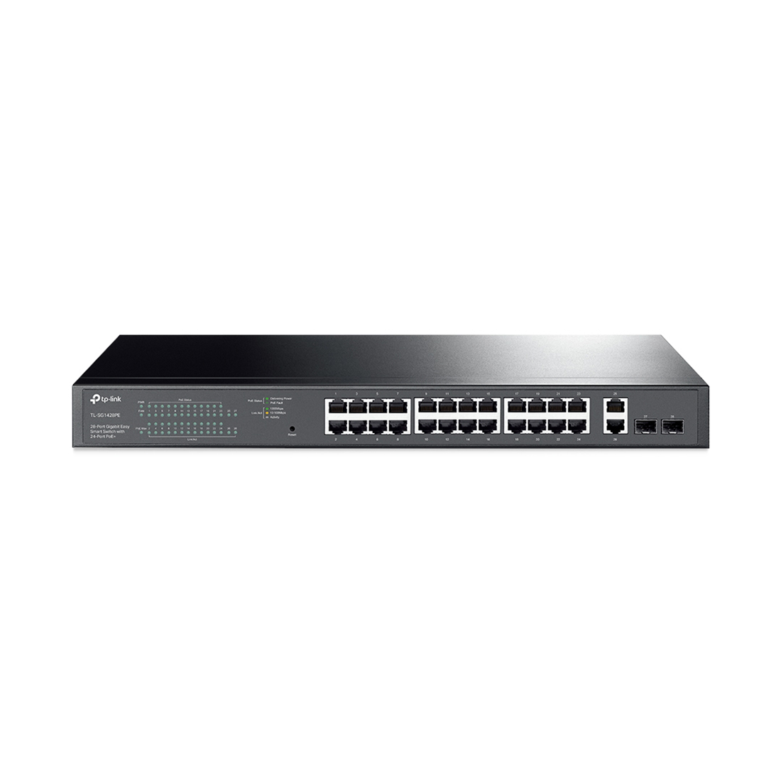 Коммутатор, TP-Link, TL-SG1428PE, управляемый L2, 19-дюймовый стоечный Easy Smart, 24 порта 10/100/1000M RJ45, 24 PoE+ порта, 2 слота SFP, бюджет 250W
