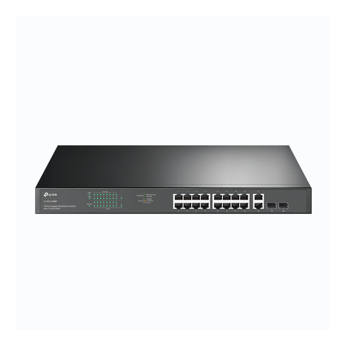 Коммутатор, TP-Link, TL-SG1218MP, Неуправляемый, 16 гигабитных PoE+ портов RJ45, 2 гигабитных порта RJ45 без PoE, 2 гигабитных комбо SFPслота,PoE 250 Вт
