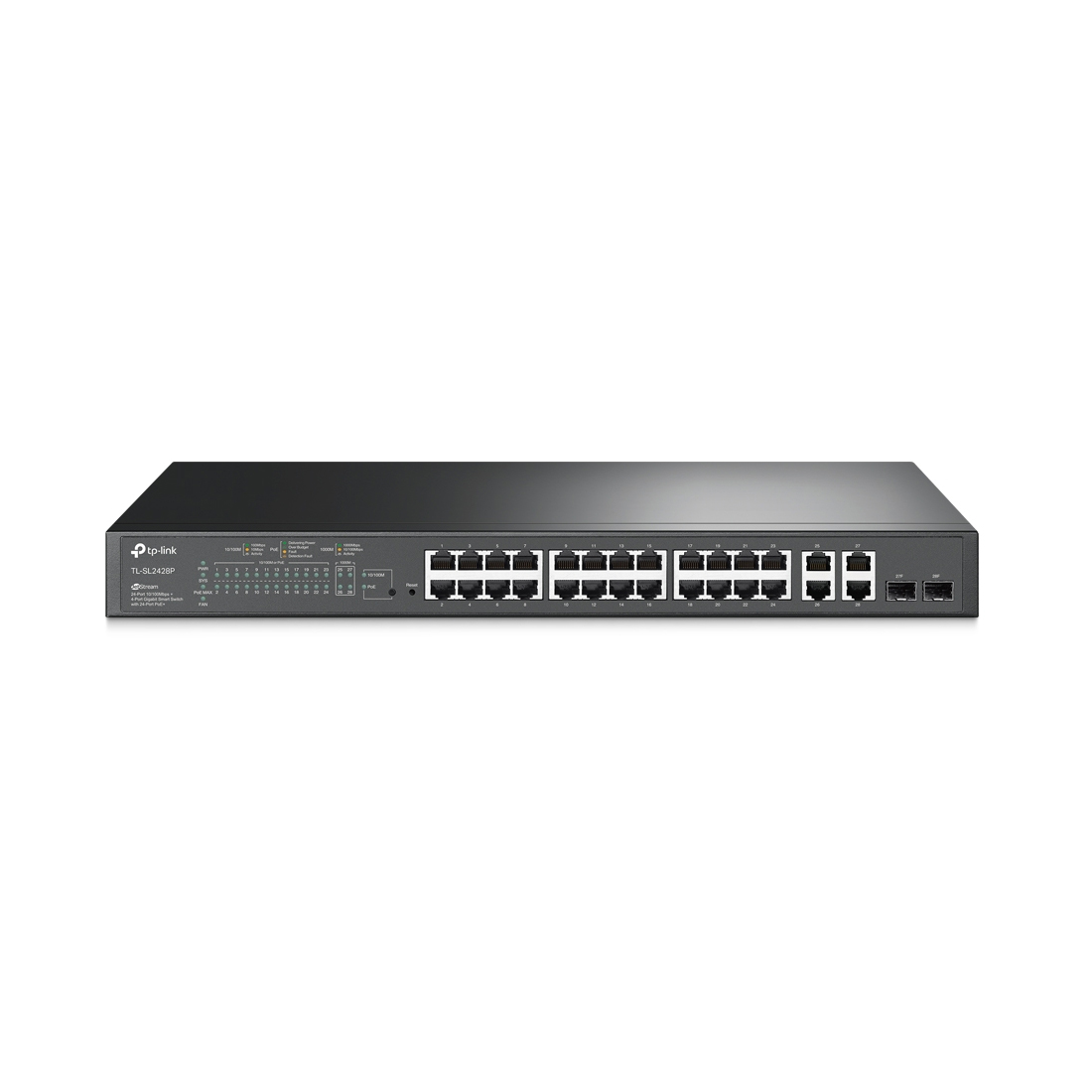 Коммутатор, TP-Link, SL2428P, JetStream 24 порта RJ45 10/100 Мбит/с с 4 гигабитными портами и 2 гигабитных комбо SFP-слота, Управляемый, РоЕ 250 Вт