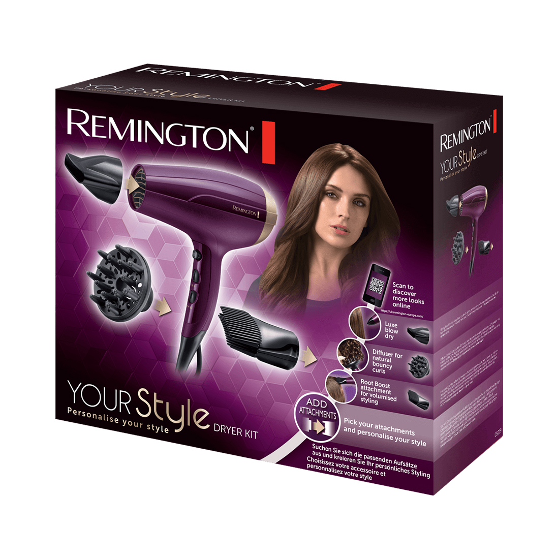 Фен, Remington, D5219, Полноразмерный, Мощность 2300W, Тип двигателя DC мотор, 2 скоростных режима, 3 температурных режима, Скорость подачи воздуха 85 км/ч, Длина шнура электропитания 180см, 3 насадки, Фиолетовый